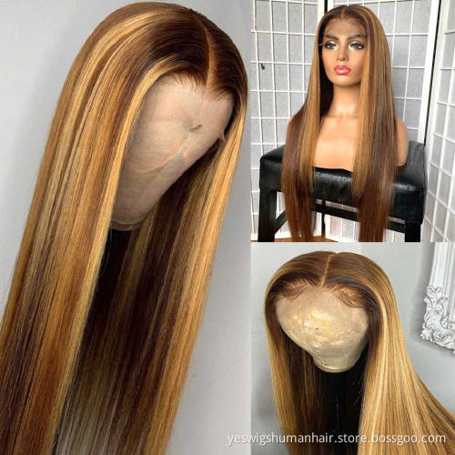Wholesale Virgin Straight Human Hair Cuticle Aligned  Lace Front Wigs Piano Highlight Ombre Color Wig For Black Women Baby Hair